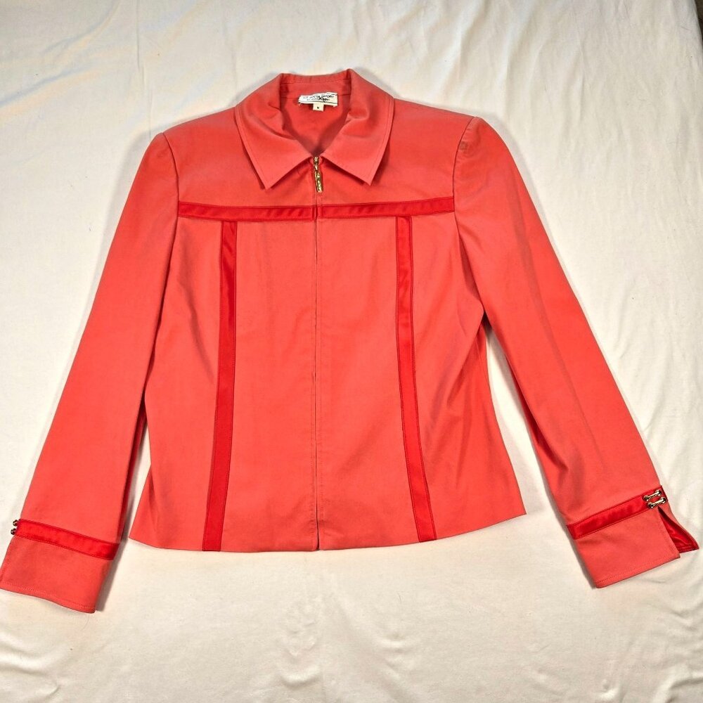 St. John Sport Coral Zip-Up Jacket‎ Satin Trim Size M Gold Buckles Cotton Blend